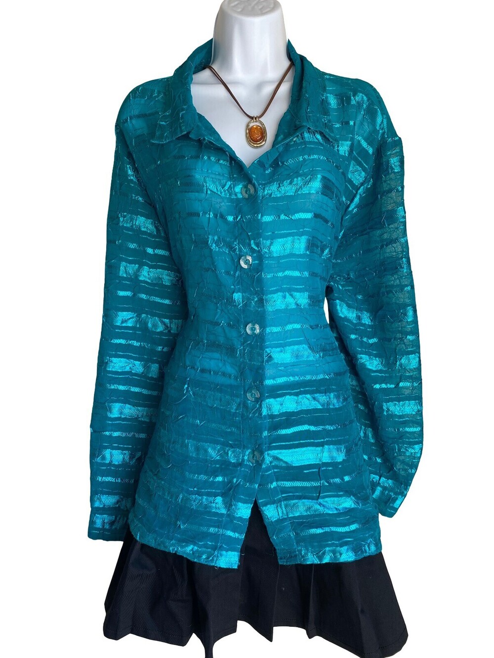 VTG Draper's & Damon's Plus 2X Teal Shimmer Button Up Tunic Blouse Artsy Boho